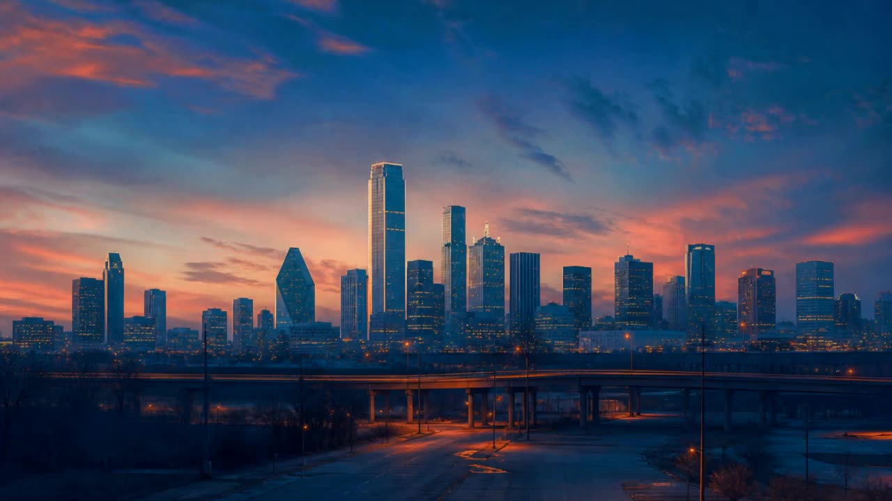 Dallas skyline at dusk, generative still for Andrew Hillman