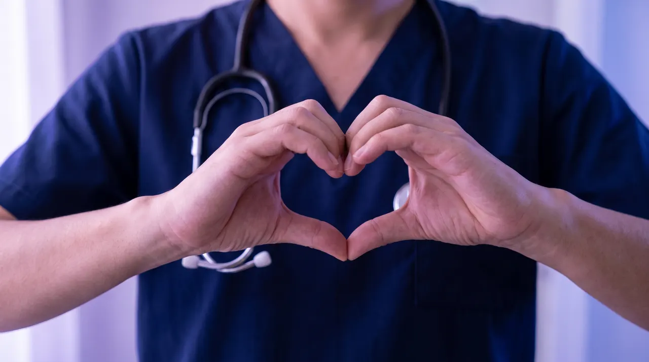 Andrew Hillman healthcare image: hands forming a heart shape in front of navy scrubs and a stethoscope