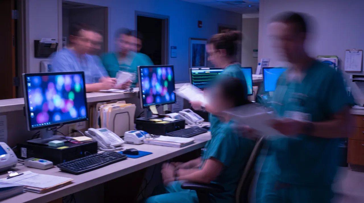 Andrew Hillman healthcare image: busy clinic nurses station with clinicians in motion blur