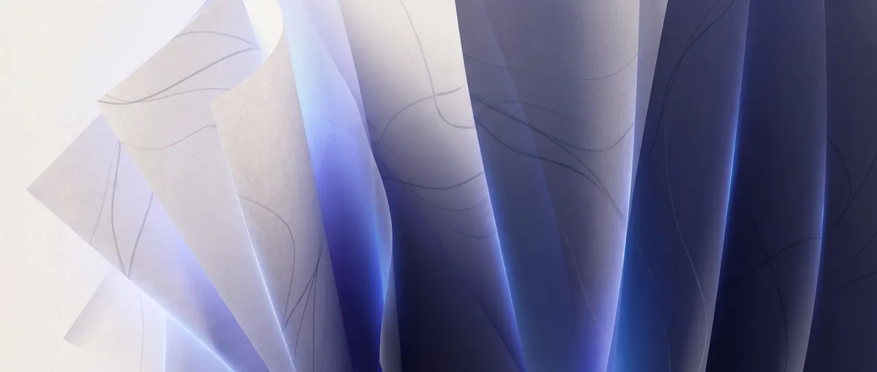 Andrew Hillman publications banner: translucent blank pages fanned in indigo and blue light