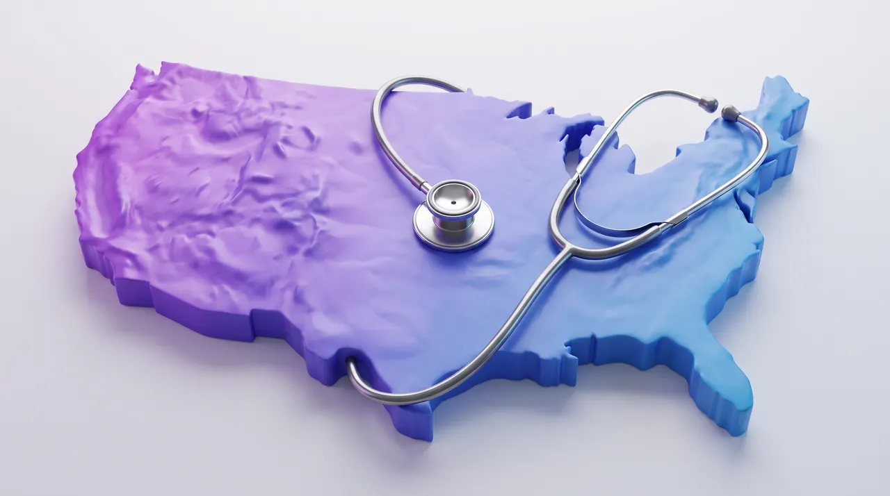 Andrew Hillman national regulatory image: a purple and blue map of the United States with a stethoscope draped across it