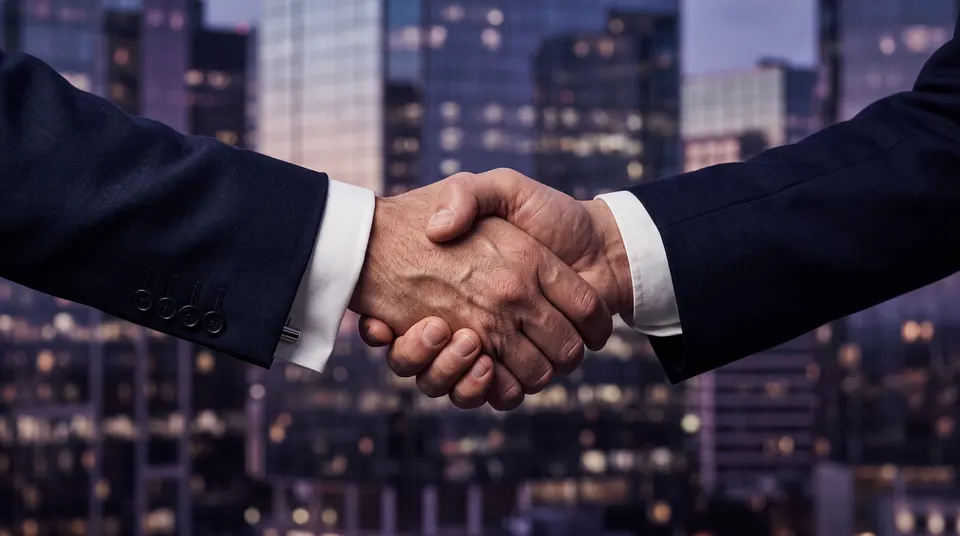Illustration of a business handshake against a city skyline at dusk for Andrew Hillman's ventures section