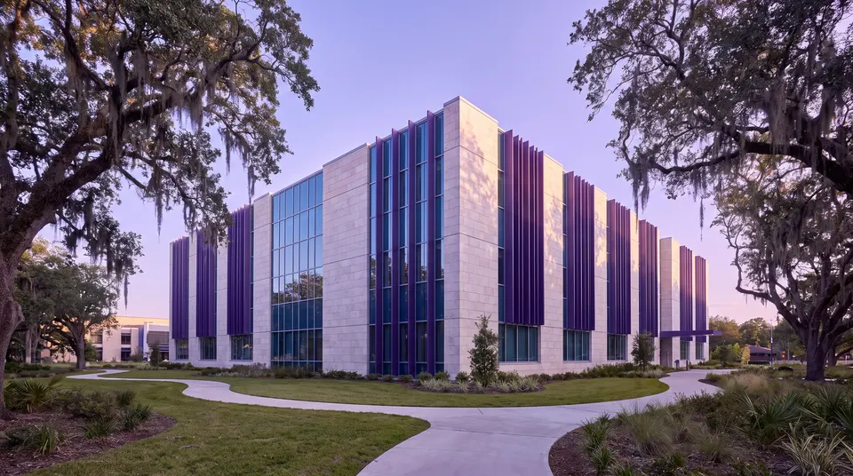 Illustration of a Louisiana medical campus framed by live oaks for Andrew Hillman's ventures section