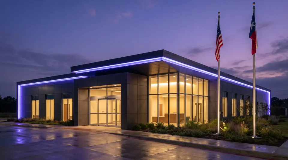 Illustration of a surgery center at dusk with US and Texas flags for Andrew Hillman's ventures section